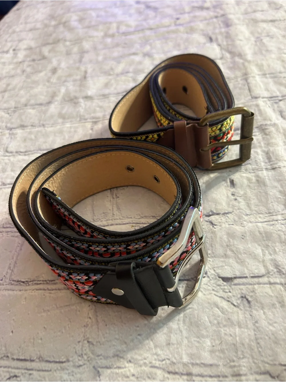 BOHO AZTEC WESTERN MULTI COLORED FABRIC VEGAN BLACK & BROWN (2) BELTS SIZE 1X